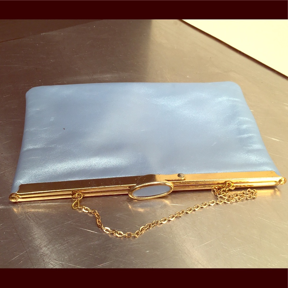 Vtg Etra Cobalt Leather Evening Clutch Gold accent